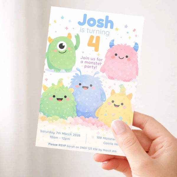 Cute Monster Birthday Invitations | Personalised Kids Party Invites - Sticksy Prints Australia