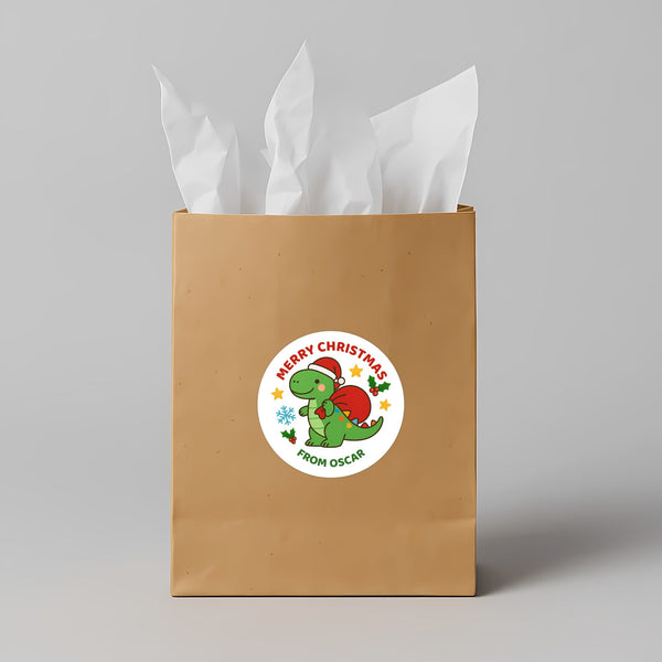 Dinosaur Personalised Christmas Stickers – Cute Santa Dino Label
