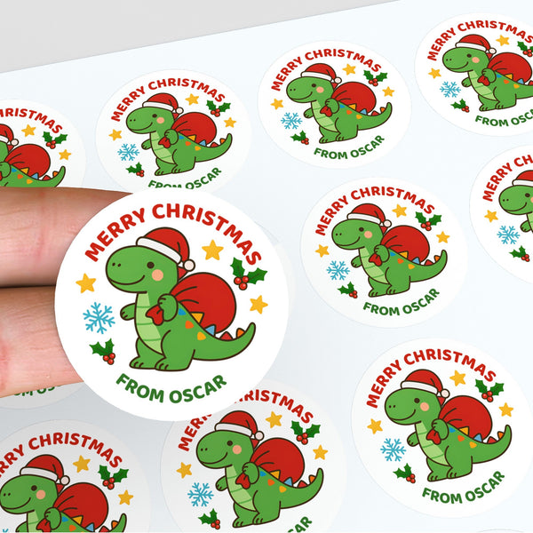 Dinosaur Personalised Christmas Stickers – Cute Santa Dino Label