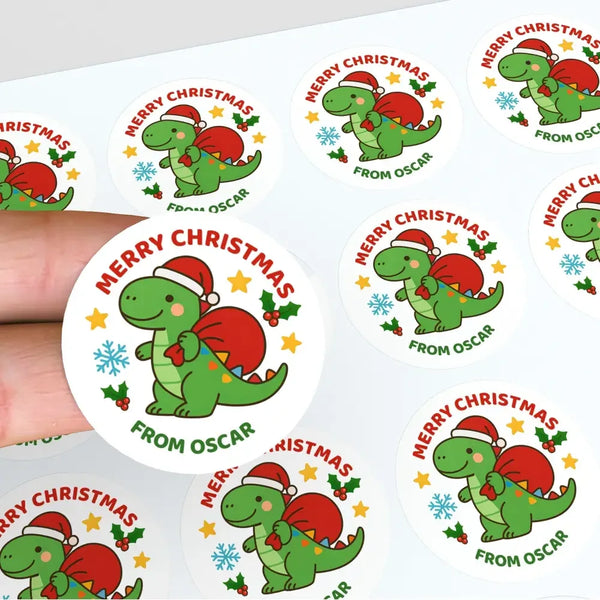 Dinosaur Personalised Christmas Stickers – Cute Santa Dino Label - Sticksy Prints Australia