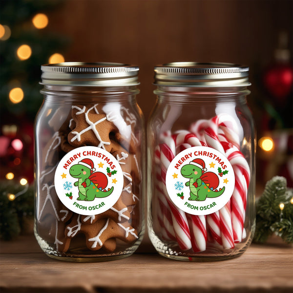 Dinosaur Personalised Christmas Stickers – Cute Santa Dino Label