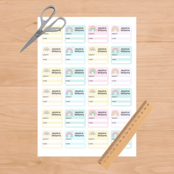 Editable Kids Book Name Labels 45×39mm Pastel Rainbow Stickers Instant Canva Template 24 Labels