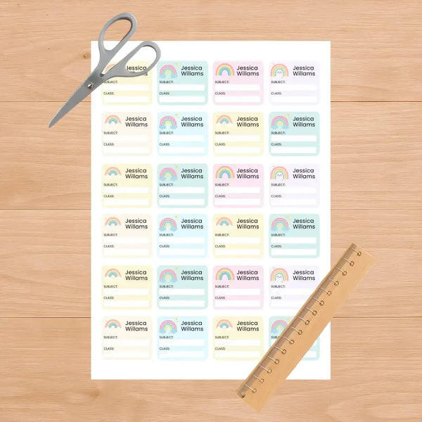 Editable Kids Book Name Labels 45×39mm Pastel Rainbow Stickers Instant Canva Template 24 Labels - Sticksy Prints Australia
