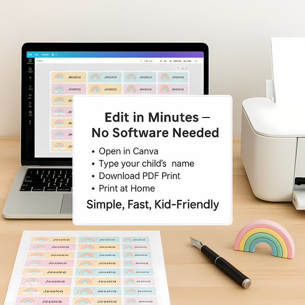 Editable Kids Book Name Labels 45×39mm Pastel Rainbow Stickers Instant Canva Template 24 Labels