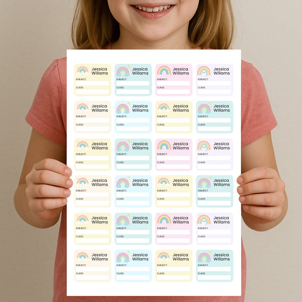 Editable Kids Book Name Labels 45×39mm Pastel Rainbow Stickers Instant Canva Template 24 Labels