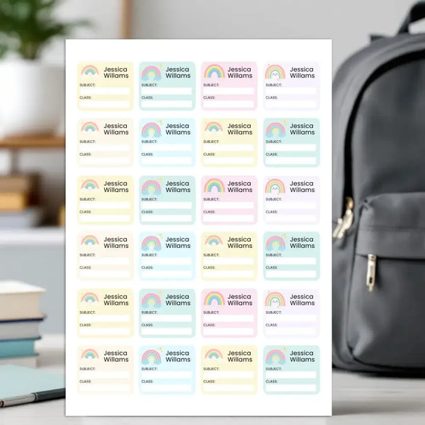 Editable Kids Book Name Labels 45×39mm Pastel Rainbow Stickers Instant Canva Template 24 Labels - Sticksy Prints Australia