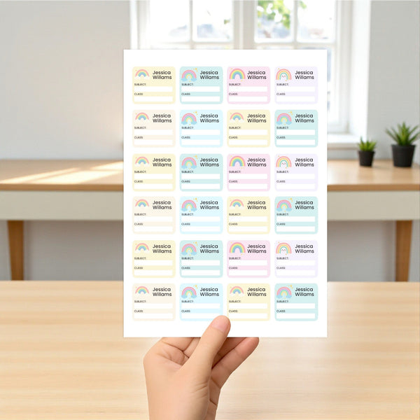 Editable Kids Book Name Labels 45×39mm Pastel Rainbow Stickers Instant Canva Template 24 Labels