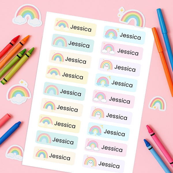 Editable Kids Name Labels Large 80×25mm Pastel Rainbow Stickers Instant Canva Template 36 Labels