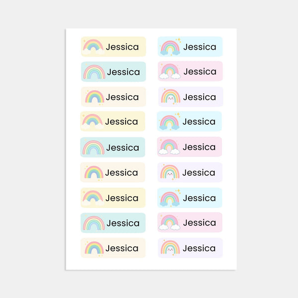Editable Kids Name Labels Large 80×25mm Pastel Rainbow Stickers Instant Canva Template 36 Labels