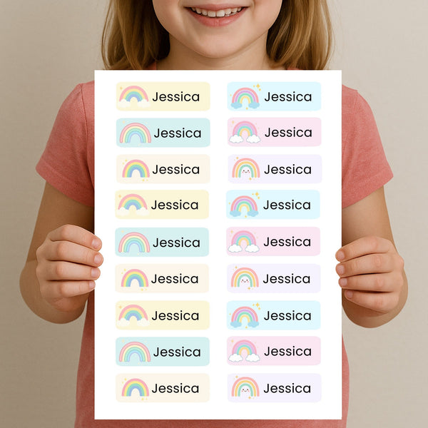 Editable Kids Name Labels Large 80×25mm Pastel Rainbow Stickers Instant Canva Template 36 Labels