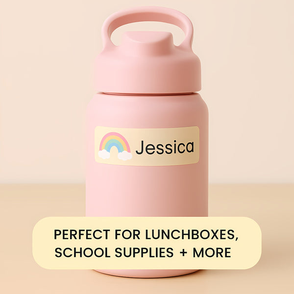 Editable Kids Name Labels Large 80×25mm Pastel Rainbow Stickers Instant Canva Template 36 Labels