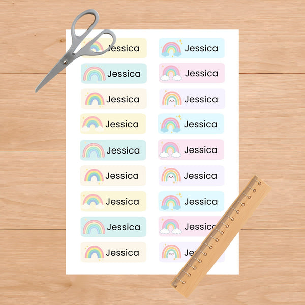 Editable Kids Name Labels Large 80×25mm Pastel Rainbow Stickers Instant Canva Template 36 Labels