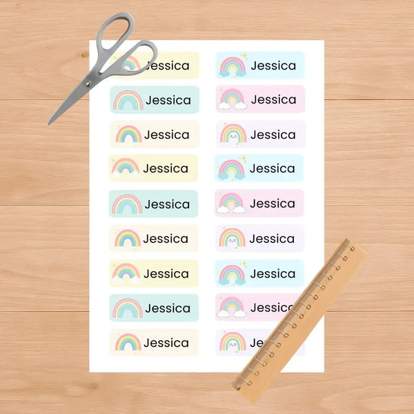 Editable Kids Name Labels Large 80×25mm Pastel Rainbow Stickers Instant Canva Template 36 Labels - Sticksy Prints Australia
