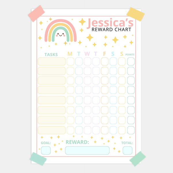 Editable Kids Reward Chart – Pastel Rainbow | Canva Template (A4 + US Letter)