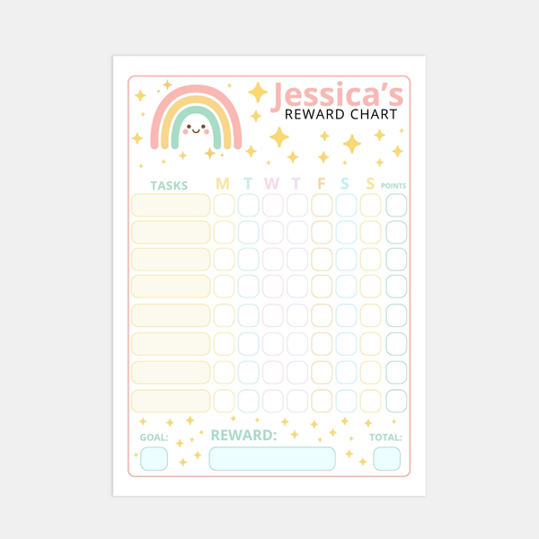 Editable Kids Reward Chart – Pastel Rainbow | Canva Template (A4 + US Letter)
