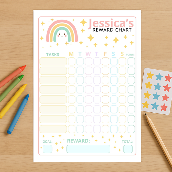 Editable Kids Reward Chart – Pastel Rainbow | Canva Template (A4 + US Letter)