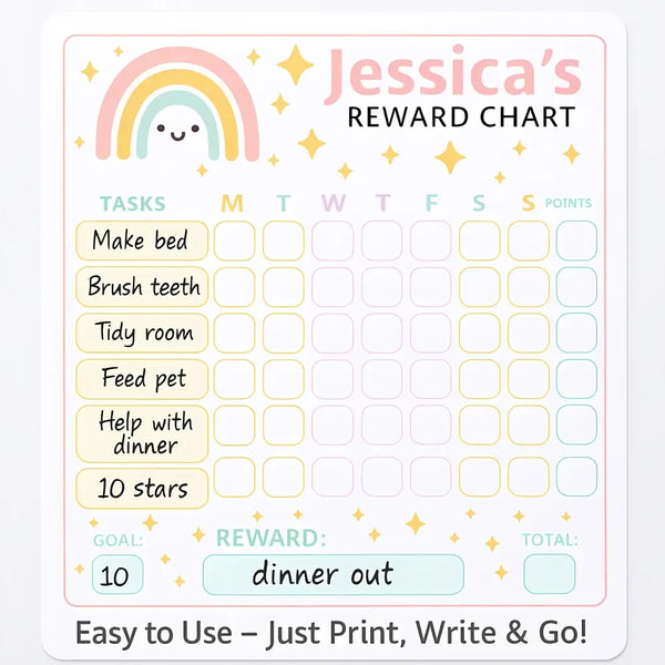 Editable Kids Reward Chart – Pastel Rainbow | Canva Template (A4 + US Letter) - Sticksy Prints Australia
