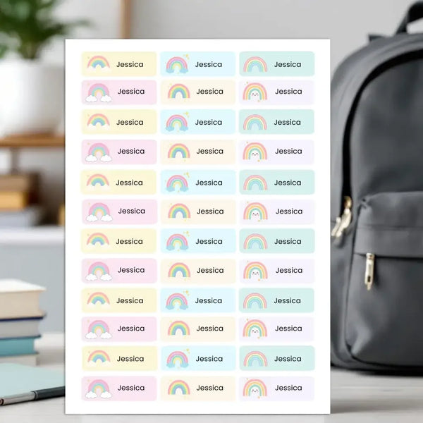 Editable Pastel Rainbow Name Labels – Instant Canva Template (36 Labels) - Sticksy Prints Australia