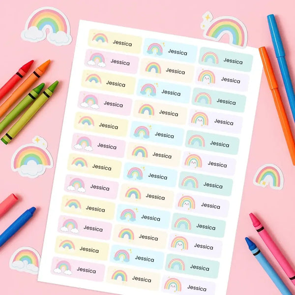 Editable Pastel Rainbow Name Labels – Instant Canva Template (36 Labels) - Sticksy Prints Australia