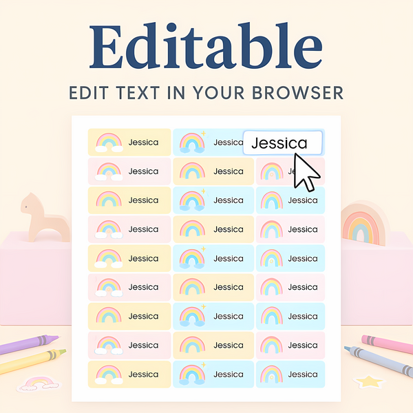 Editable Pastel Rainbow Name Labels – Instant Canva Template (36 Labels)