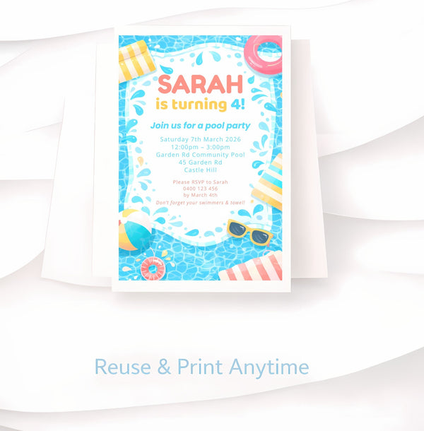 Editable Pool Party Birthday Invitation – Canva Template (4×6 inch)