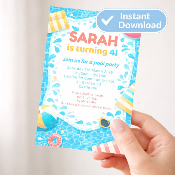 Editable Pool Party Birthday Invitation – Canva Template (4×6 inch)