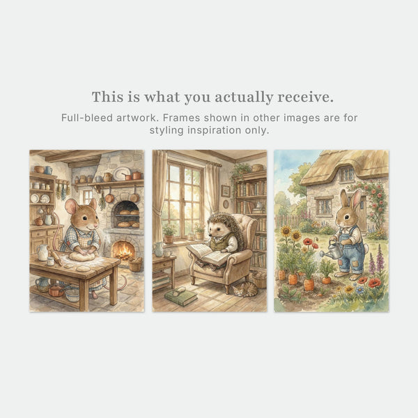 Cozy Cottage Animals Nursery Wall Art Set of 3 – Mouse Baking, Hedgehog Reading & Bunny Gardening Watercolor Prints – Storybook Woodland Decor