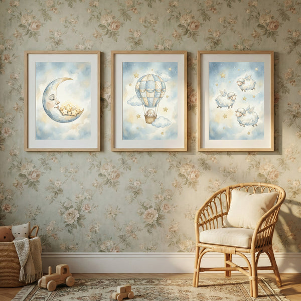 Celestial Nursery Wall Art Set of 3 – Moon, Hot Air Balloon & Flying Sheep Watercolour Prints – Neutral Baby Decor