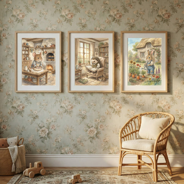 Cozy Cottage Animals Nursery Wall Art Set of 3 – Mouse Baking, Hedgehog Reading & Bunny Gardening Watercolor Prints – Storybook Woodland Decor