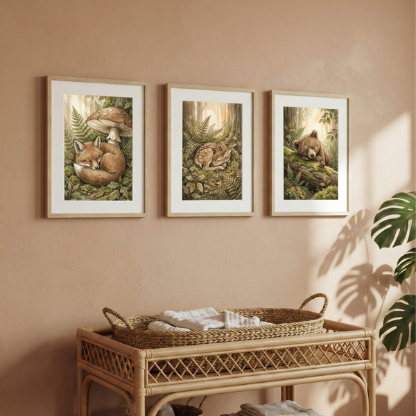 Woodland Nursery Wall Art Set of 3 - Sleeping Fox, Bear & Fawn Watercolor Prints - Forest Theme Decor