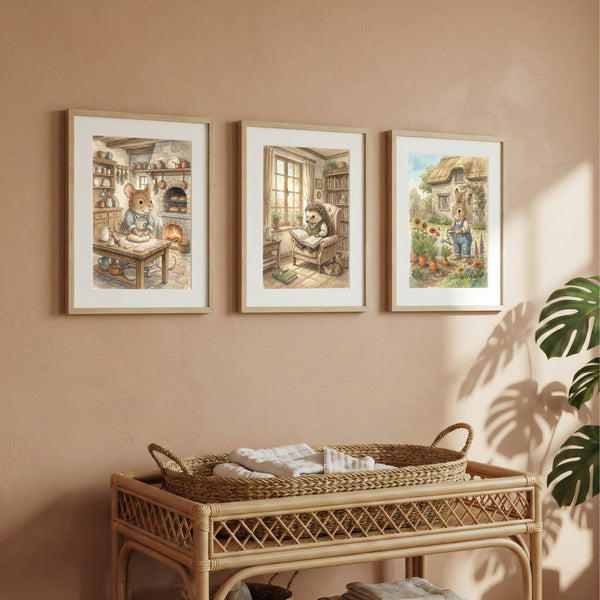 Cozy Cottage Animals Nursery Wall Art Set of 3 – Mouse Baking, Hedgehog Reading & Bunny Gardening Watercolor Prints – Storybook Woodland Decor