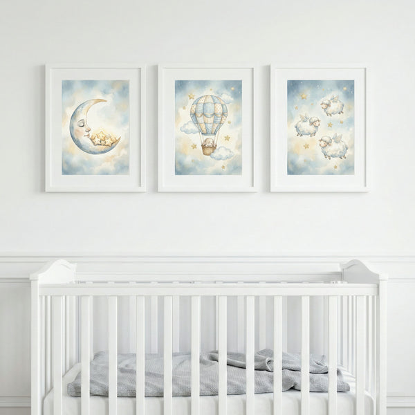 Celestial Nursery Wall Art Set of 3 – Moon, Hot Air Balloon & Flying Sheep Watercolour Prints – Neutral Baby Decor