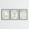 Set of three nursery wall art prints with moon, hot air balloon, and flying sheep in pastel colors