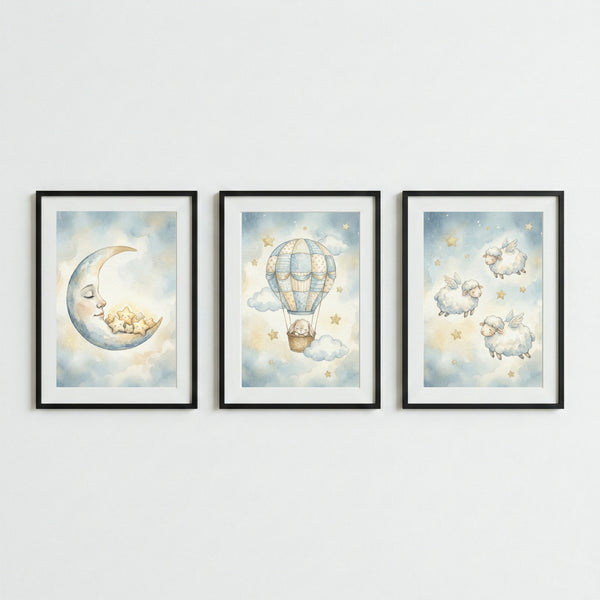 Set of three nursery wall art prints with moon, hot air balloon, and flying sheep in pastel colors