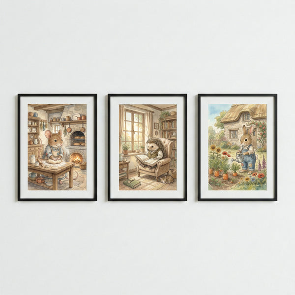 Cozy Cottage Animals Nursery Wall Art Set of 3 – Mouse Baking, Hedgehog Reading & Bunny Gardening Watercolor Prints – Storybook Woodland Decor