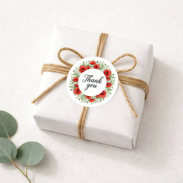 Thank You Stickers | Red Poppy Watercolour Wreath Packaging Labels | Small Business Australia - Sticksy Prints Australia
