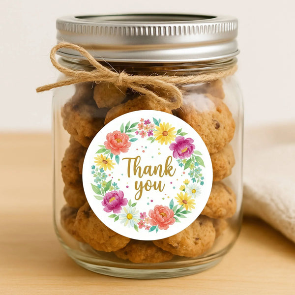 Thank You Stickers | Watercolour Floral Wreath Packaging Labels Gift Wrapping - Sticksy Prints Australia