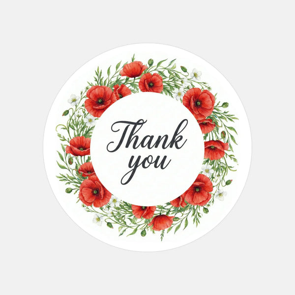 Thank You Stickers | Red Poppy Watercolour Wreath Packaging Labels | Small Business Australia - Sticksy Prints Australia