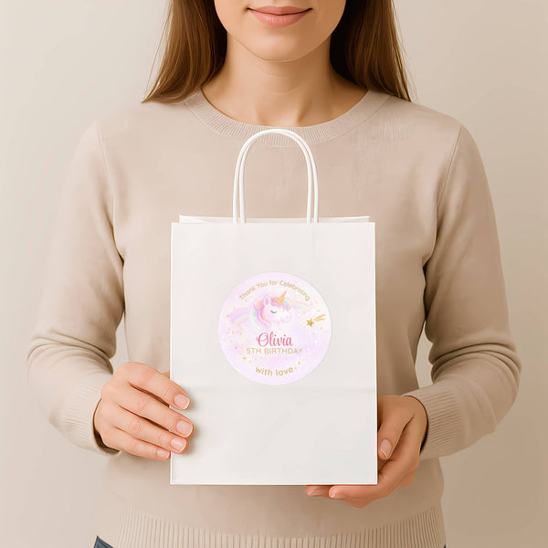 Pastel Unicorn Thank You Stickers – Custom Name Kids Birthday Party Favour Labels