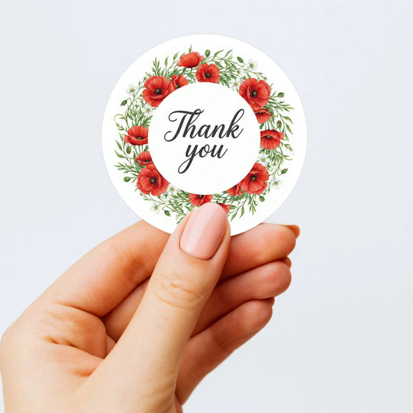 Thank You Stickers | Red Poppy Watercolour Wreath Packaging Labels | Small Business Australia - Sticksy Prints Australia