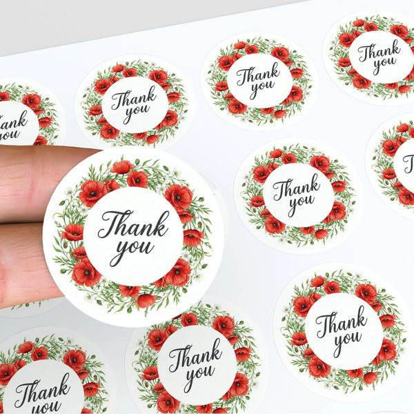 Thank You Stickers | Red Poppy Watercolour Wreath Packaging Labels | Small Business Australia - Sticksy Prints Australia