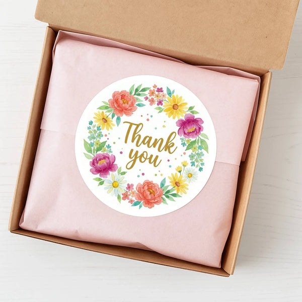 Thank You Stickers | Watercolour Floral Wreath Packaging Labels Gift Wrapping - Sticksy Prints Australia