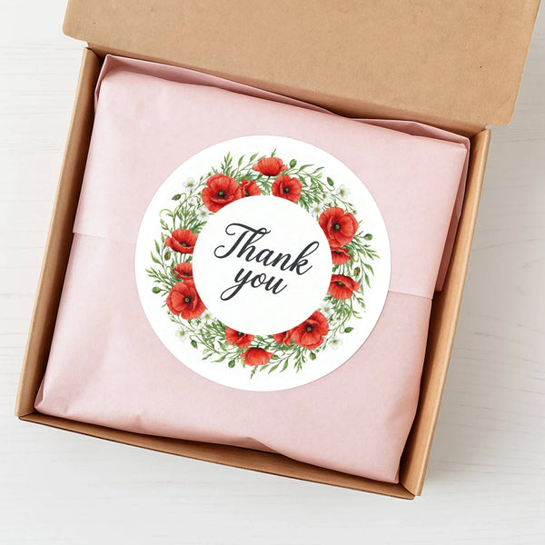 Thank You Stickers | Red Poppy Watercolour Wreath Packaging Labels | Small Business Australia - Sticksy Prints Australia