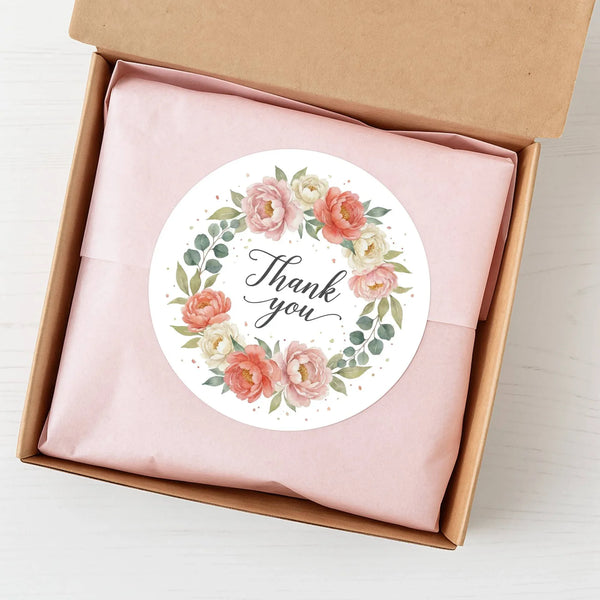 Thank You Watercolour Floral Wreath Stickers Packaging Labels | Small Business Australia - Sticksy Prints Australia