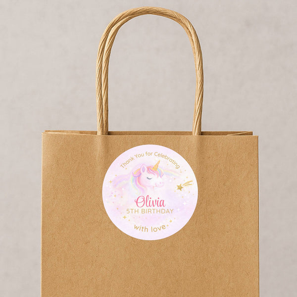 Pastel Unicorn Thank You Stickers – Custom Name Kids Birthday Party Favour Labels