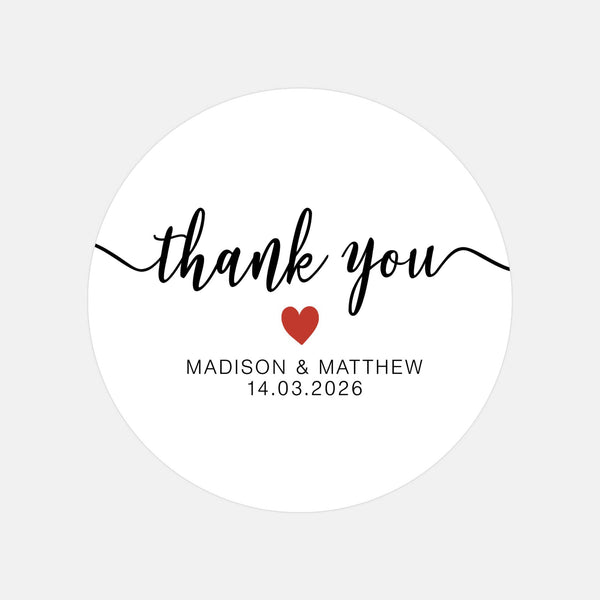 Personalised Thank You Wedding Stickers – Classic Script with Red Heart