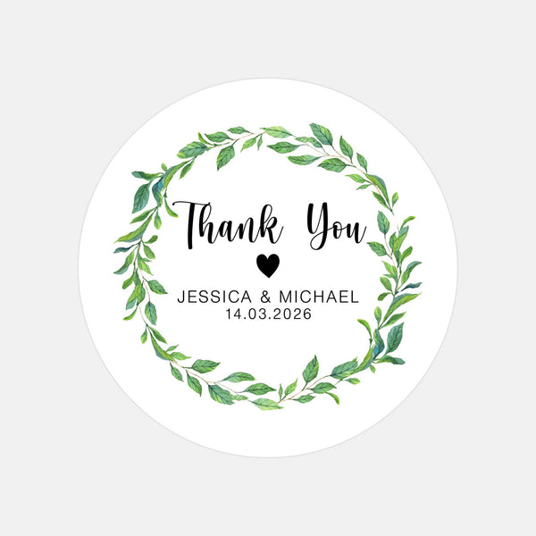 Personalised Thank You Wedding Stickers – Green Leaf Wreath Design