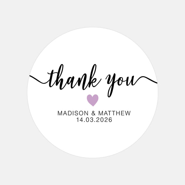 Personalised Thank You Wedding Stickers – Modern Script with Lilac Heart