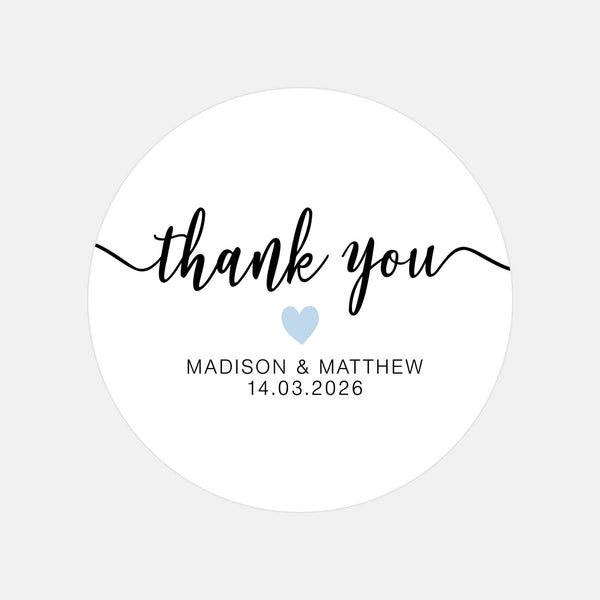 Personalised Thank You Wedding Stickers – Modern Script with Blue Heart