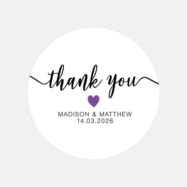 Personalised Thank You Wedding Stickers – Modern Script with Purple Heart